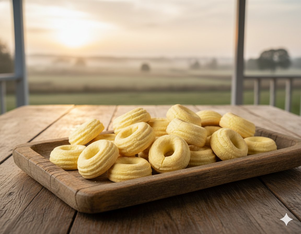 Biscoitos de queijo crocantes e dourados em tábua de madeira rústica