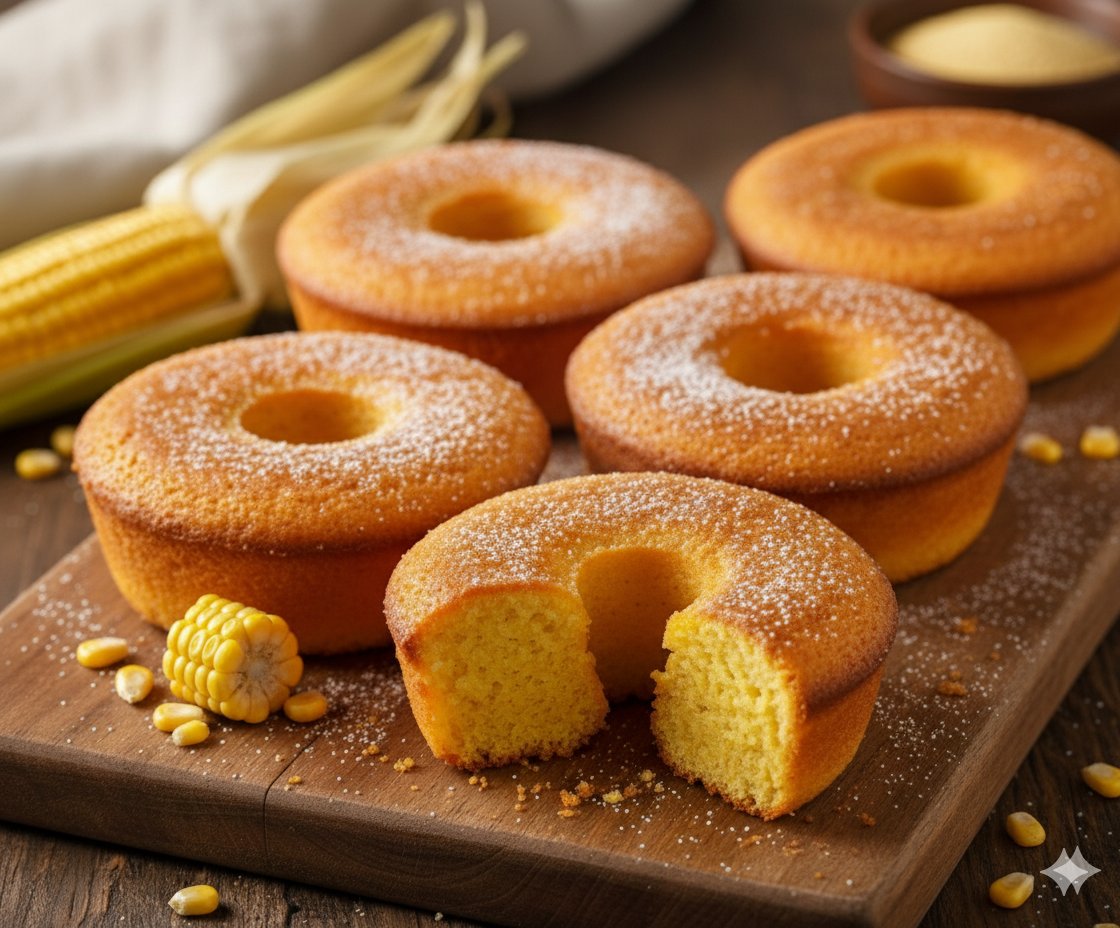 Bolos de milho tradicionais com açúcar polvilhado na superfície