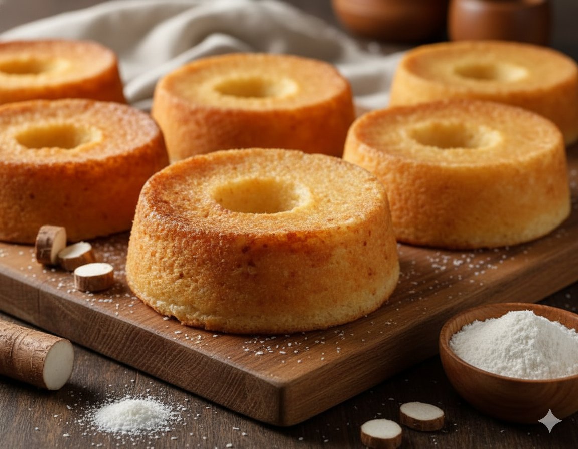 Bolos de mandioca caseiros macios em tábua de madeira