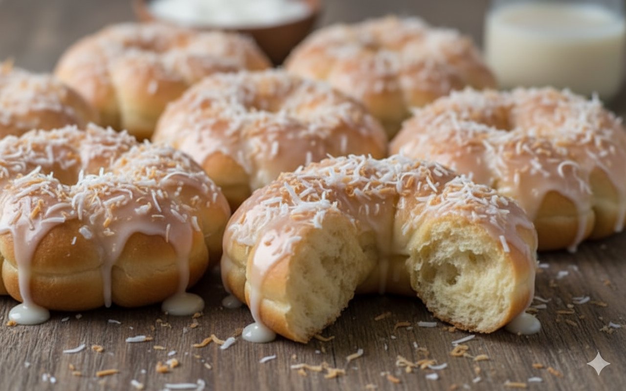 Rosquinhas com cobertura branca de leite condensado e côco ralado
